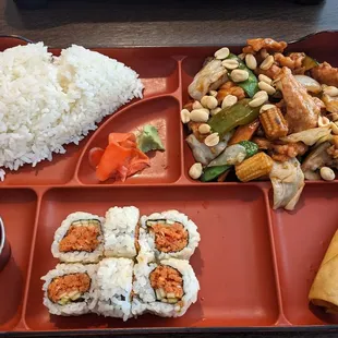 Kung Pao Chicken Bento Box with Spicy Tuna Rolls