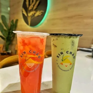 Strawberry lemonade and a matcha milk tea