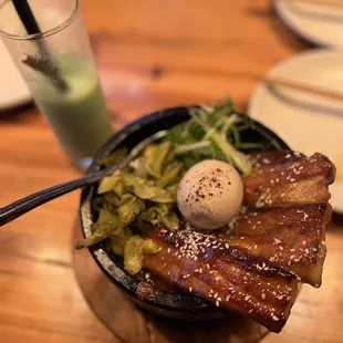 Braised Pork Belly and Crispy Rice with Pandan Colada