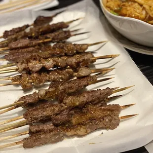 Lamb, gizzards, and beef skewers