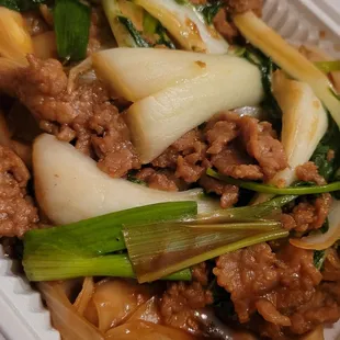 Beef Chow Fun with Bok Choy, in gravy