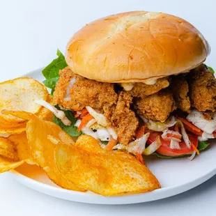 a chicken sandwich and chips on a plate