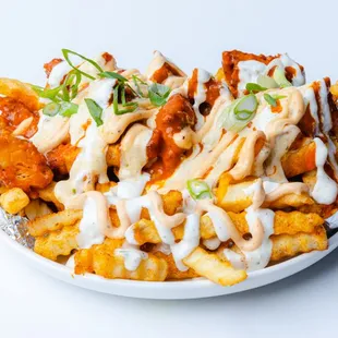 a plate of french fries with sauce