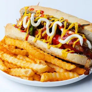 a hot dog and french fries