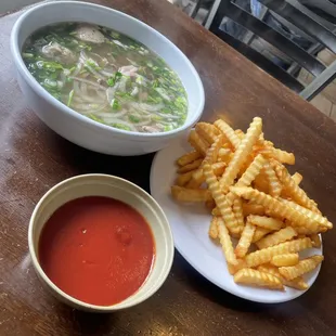 All beef pho. Delicious broth. Of course the fries with ketchup. It's a thing I like to order with my pho and theirs are good!