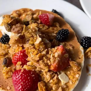 Pancakes with mascarpone and berries with granola