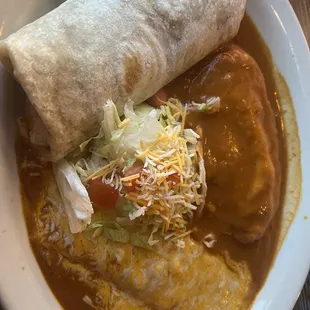 Chili Relleno, Red Chili Mixed Beef Burro, and Cheese Enchilada