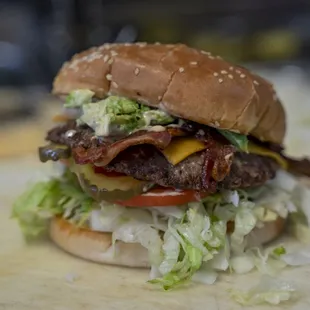 a closeup of a hamburger