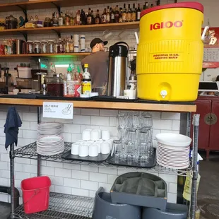 Self serve sauce bar and hot tea and water
