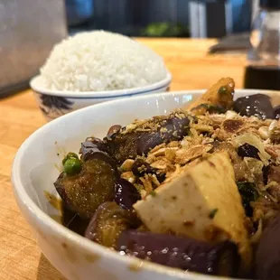 Eggplant with tofu dish/ Rice