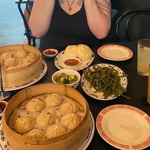 2 orders XLB, cucumber salad, fried green beans, mushrooms and chive bao.