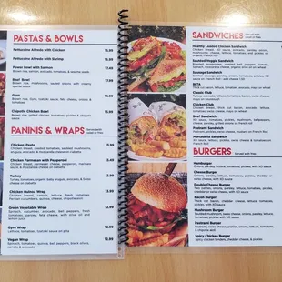 Pastas and bowls, paninis and wraps, sandwiches, burgers menu