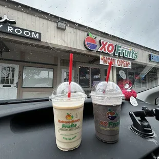 Left: peanut butter banana smoothie Right: very berry with added spinach and protein