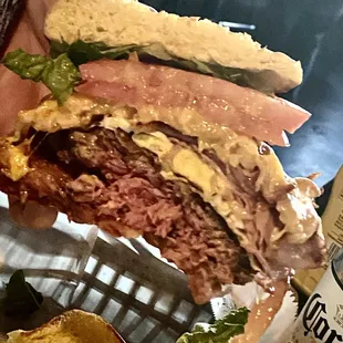 a hand holding a sandwich