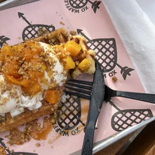 Waffle w Peaches, Vanilla Bean Ice Cream, Walnuts and Whipped Cream