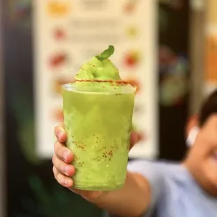 Try our Nojito Slush! (virgin Mojito) Made with freshly squeezed lime juice, cucumber and mint rimmed with "Tajín" chili powder.