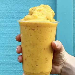 Fall Smoothie Special:  mangos and peaches blended with organic almond milk and sweetened with dates.