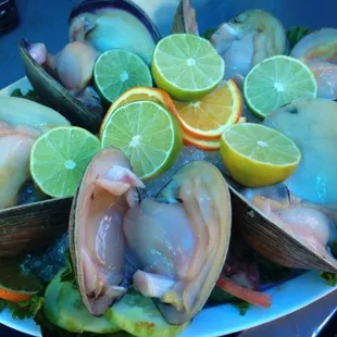 a plate of clams with lemons and limes