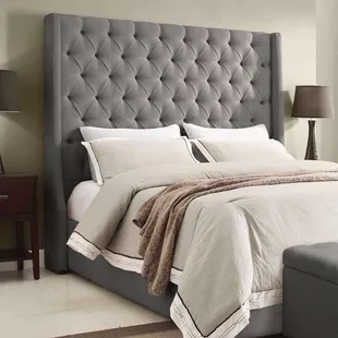 Queen high headboard, gray fabric tufted,