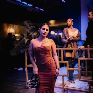 a woman in a red dress