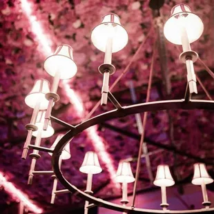 a chandelier with pink flowers in the background