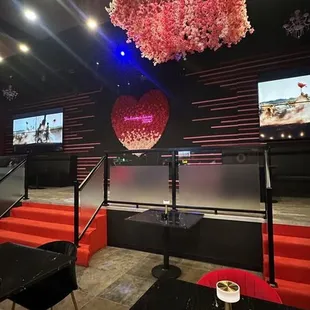 a red carpet and a chandelier