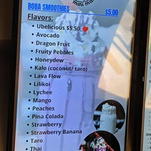 Boba smoothies menu