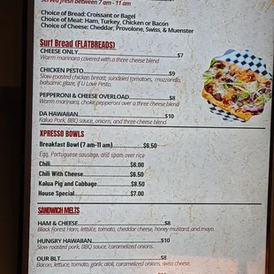 Breakfast, bowls and sandwich menu
