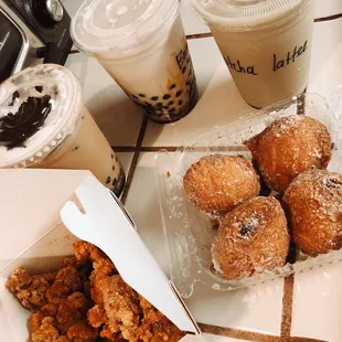 Crispy Popcorn Chicken, Fried Oreo, Oreo Milk Tea, Black Sugar Milk with Boba and Grass Jelly, matcha latte