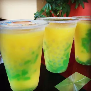 Mango Slush with Green Apple Jelly and Lychee Popping Boba