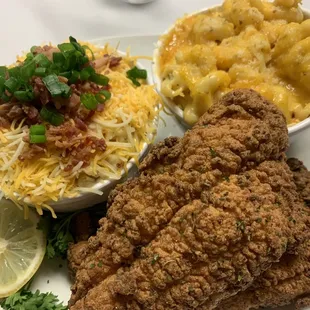 Xquisite's Catfish Dinner Mac'n cheese and Loaded mash potato