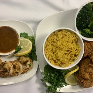 Xquisite's Catfish Dinner w/ yellow rice and broccoli and with side of shrimp