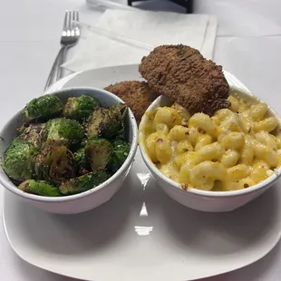 Fried catfish and deep fried shrimp with fried Brussels sprouts and Mac n cheese!