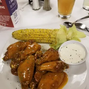 Creamy Chicken Alredo and Honey Gold wings with corn on the cobb