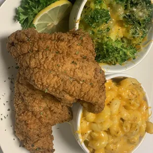 Xquisite's Catfish Dinner Mac'n and Cheese and Cheese Broccoli