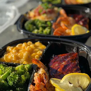 Teriyaki Grilled Salmon and Signature Grilled Shrimp with Seasoned Broccoli and 5-Cheese Mac