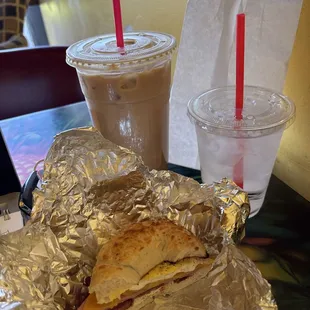 Large Iced Latte with white chocolate, ice water and Farmers Bagel