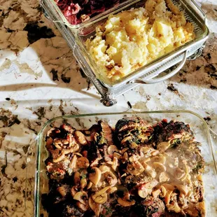 Roasted Herb Mashed Potatoes 
Home-style Cabbage 
2 Tier Stuffed Flank Steak