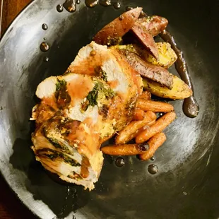 Herb Crusted Stuffed Pork Tenderloin, Honey Glazed Carrots w/ Garlic Herb Roasted Potatoes