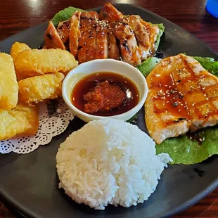 Teriyaki Chicken, Salmon, and Tempura Calamari