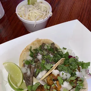 Al pastor and carne tacos, Traditional elote.