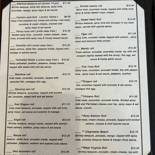 the menu of the restaurant