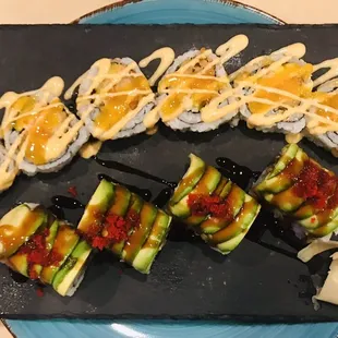 Seafood burrito sushi roll and dragon roll