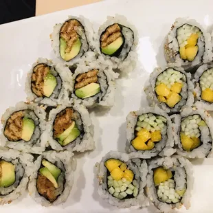 Tofu skin avocado and mango cucumber roll