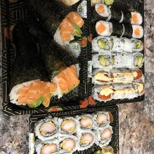 Salmon avocado hand rolls, Salmon Roll, California Roll, Spicy Tuna Roll, Crab Meat Tempura Roll