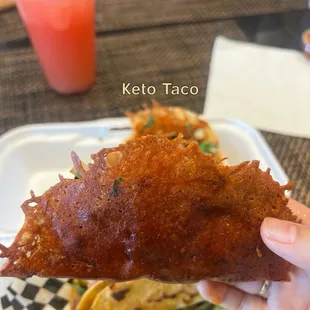 Keto Taco: tortilla of cheese, al pastor, onions + cilantro