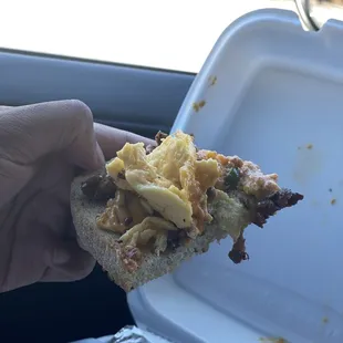 a hand holding a piece of pizza