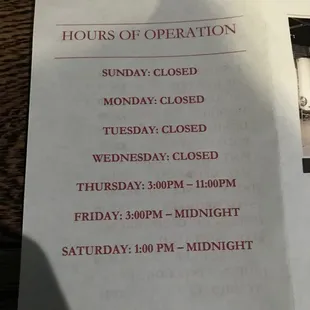 Hours of operation