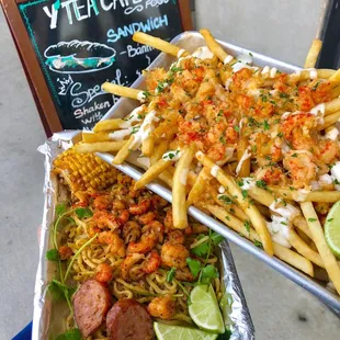 Cajun crawfish noodles and crawfish scampi fries