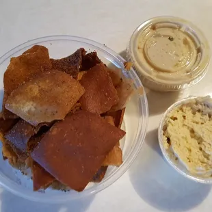 Fried pita chips and hummus